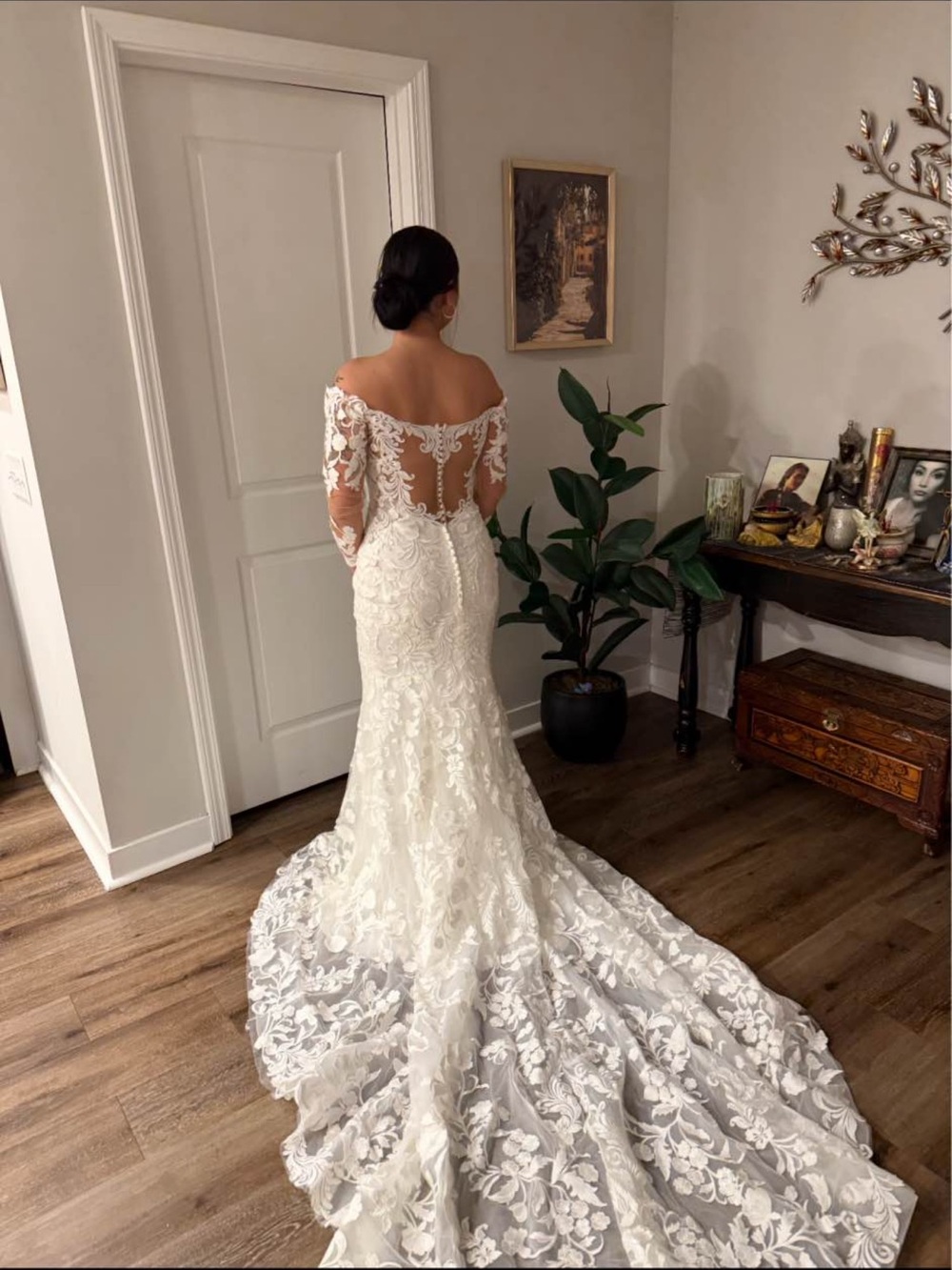 Sophia Tolli White Off-Shoulder Lace Bridal Gown with Lace Train